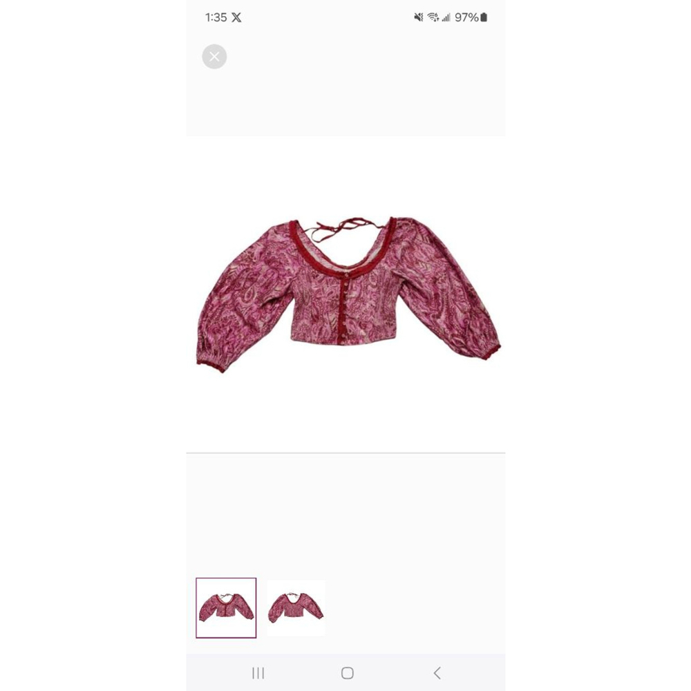 Free People Pink Red Paisley Long Sleeve Crop sz S festival Renaissance blouse - Picture 11 of 13